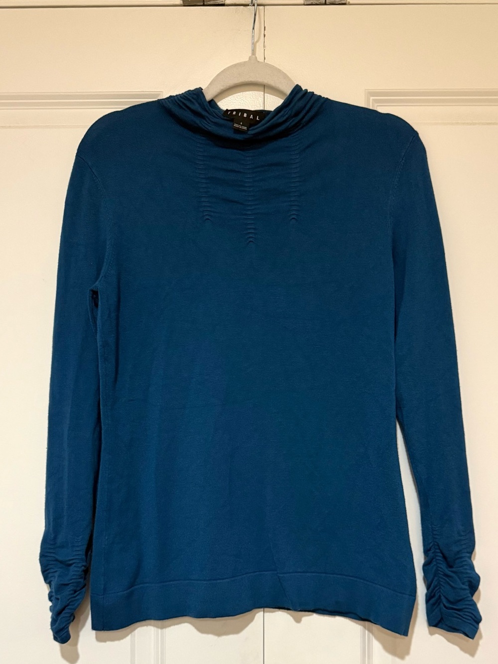 Tribal Teal-Blue Long Sleeve Mock Neck Top